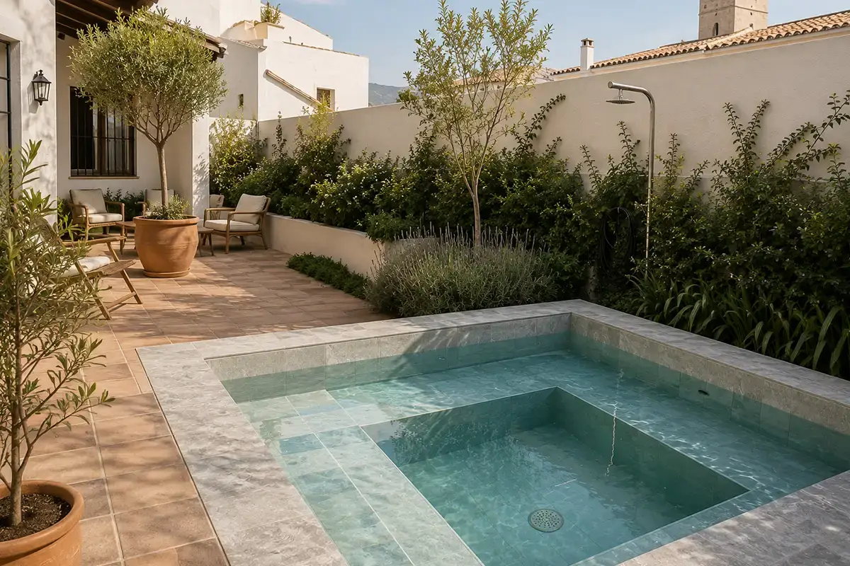 Jacuzzi exterior de hormigón tipo plunge pool revestida de gresite verde agua en el patio de un chalet en Málaga.