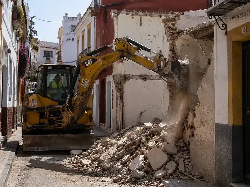 Maquinaria ligera realizando la demolición controlada de una estructura de hormigón en una calle estrecha de Málaga.