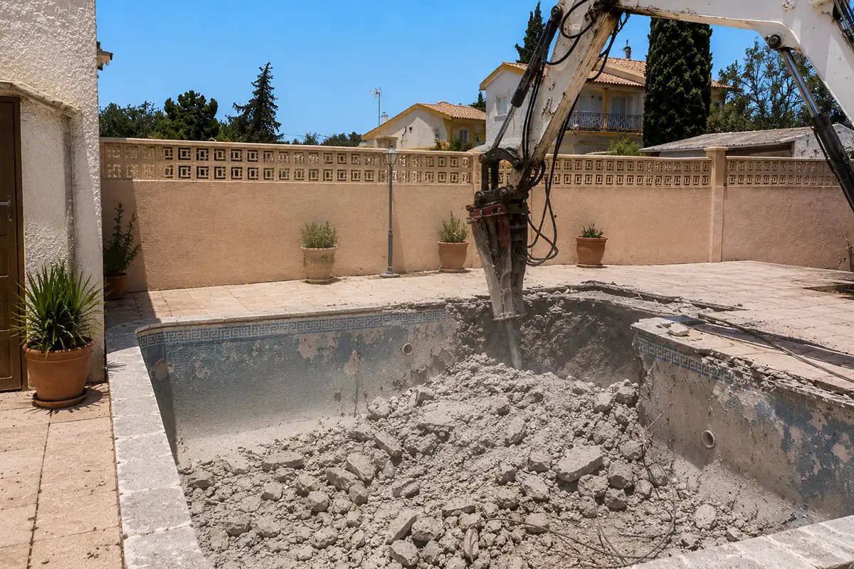 Martillo hidráulico de una excavadora picando el vaso de una piscina de hormigón antigua durante una demolición de piscina en Málaga.