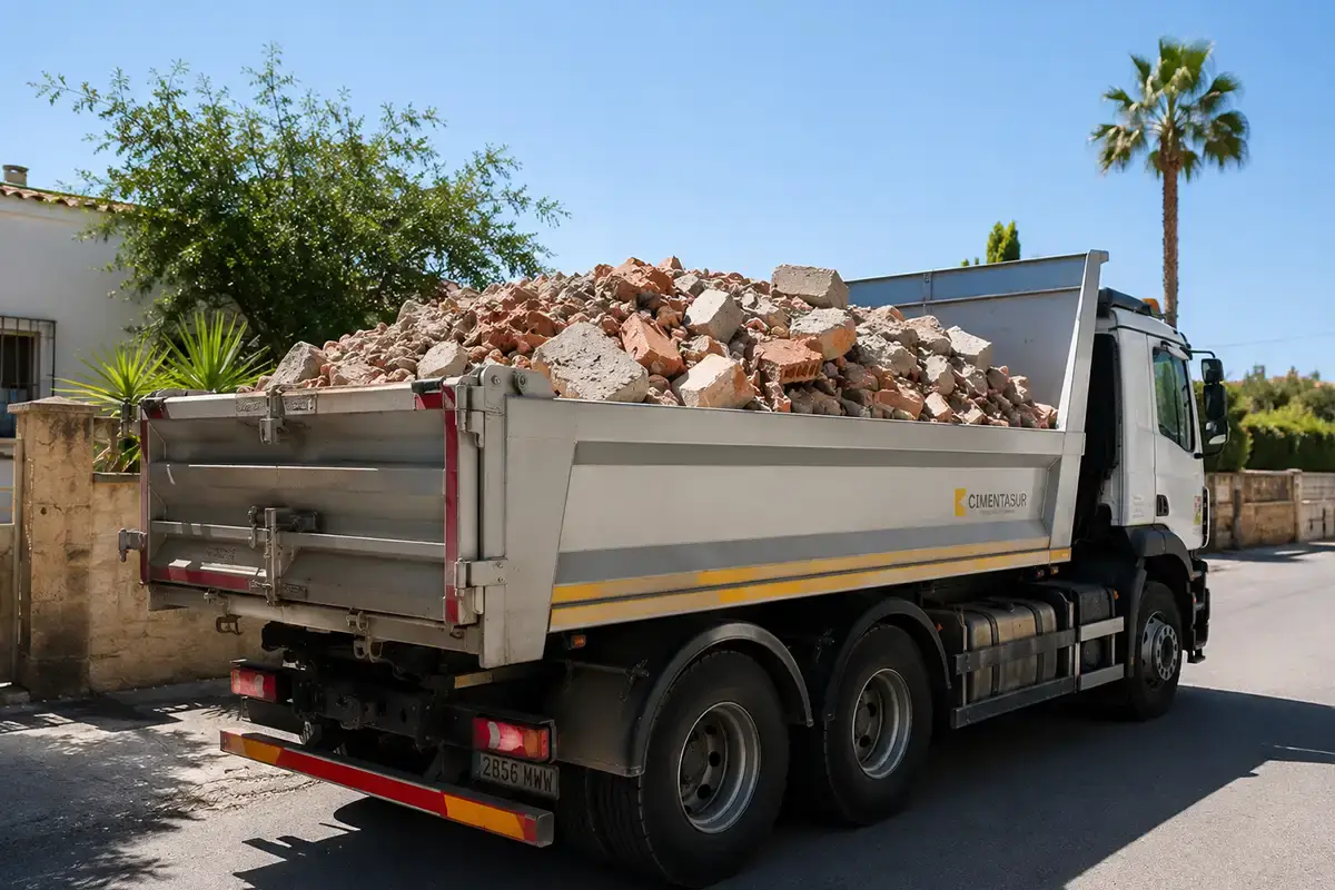 Camión de carga lleno de escombros de construcción y hormigón para su transporte a una planta de reciclaje en Málaga.