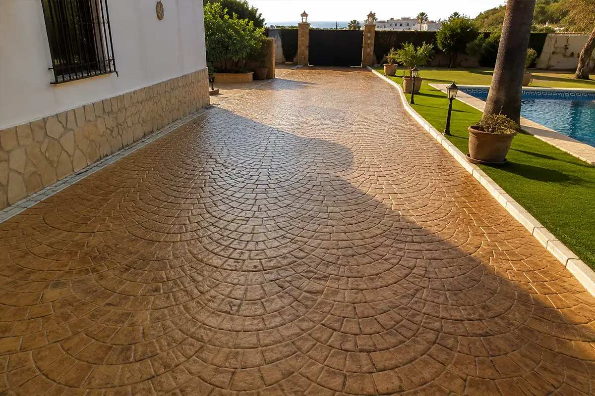 Hormigón impreso en Málaga con molde en abanico junto a piscina y jardín