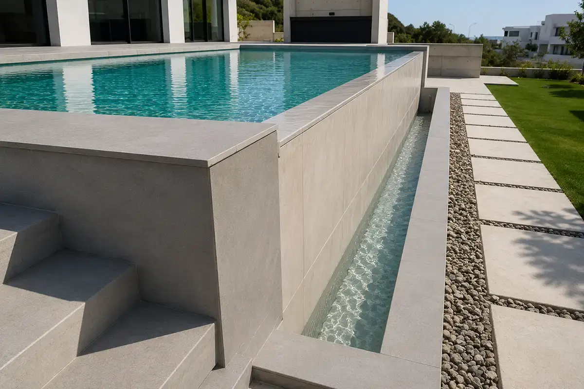 Piscina infinita de hormigón con diseño minimalista gris y canal desbordante en una villa de la Costa del Sol.