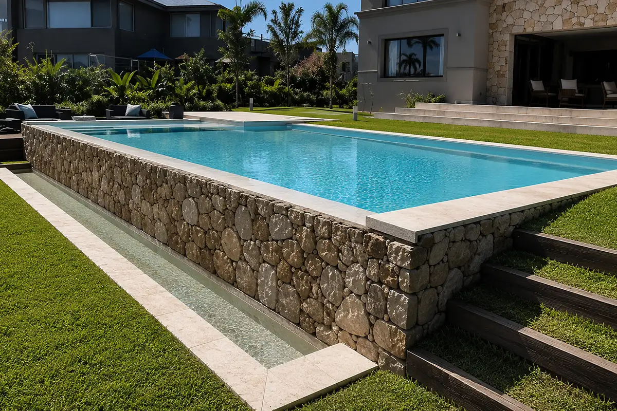 Piscina elevada de hormigón con revestimiento de piedra natural y canal de desborde en un jardín de lujo en la Costa del Sol.