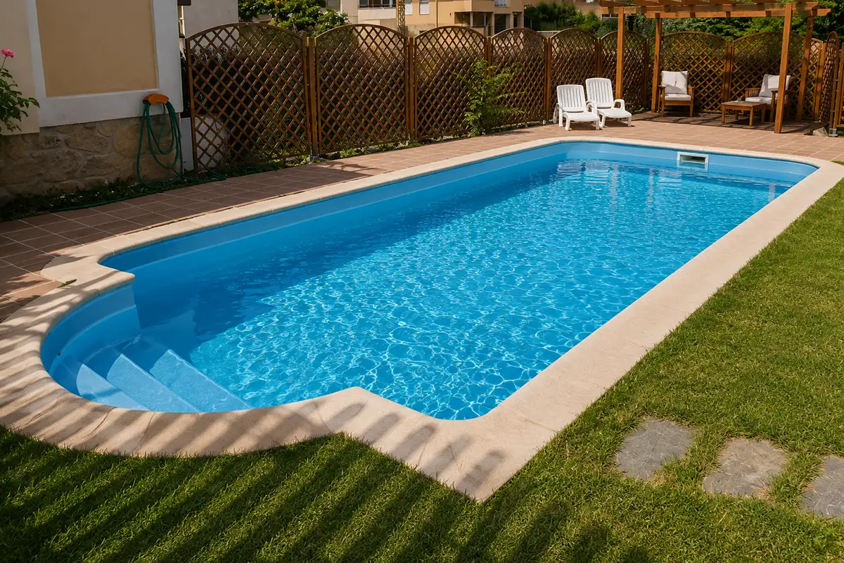 Piscina de hormigón enterrada y terminada con agua cristalina y jardín con césped en un chalet de Málaga.