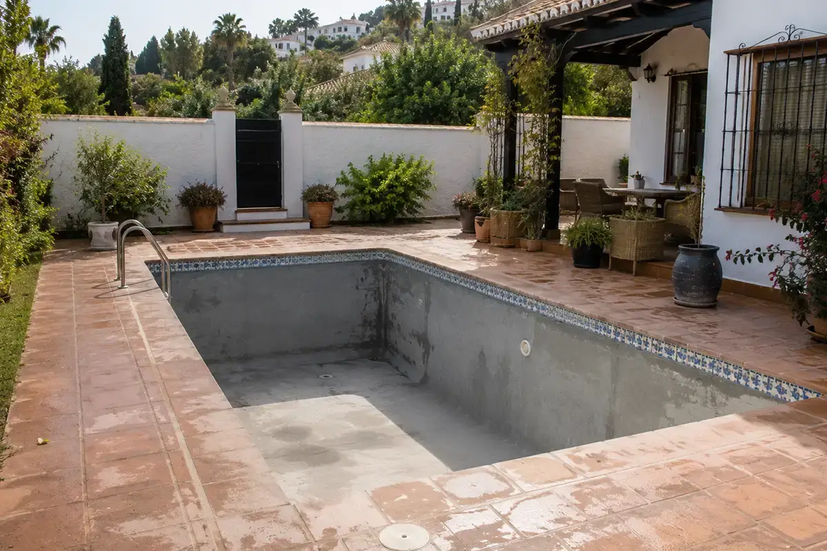 Piscinas de hormigón en Málaga con estructura armada y acabado a medida en jardín.