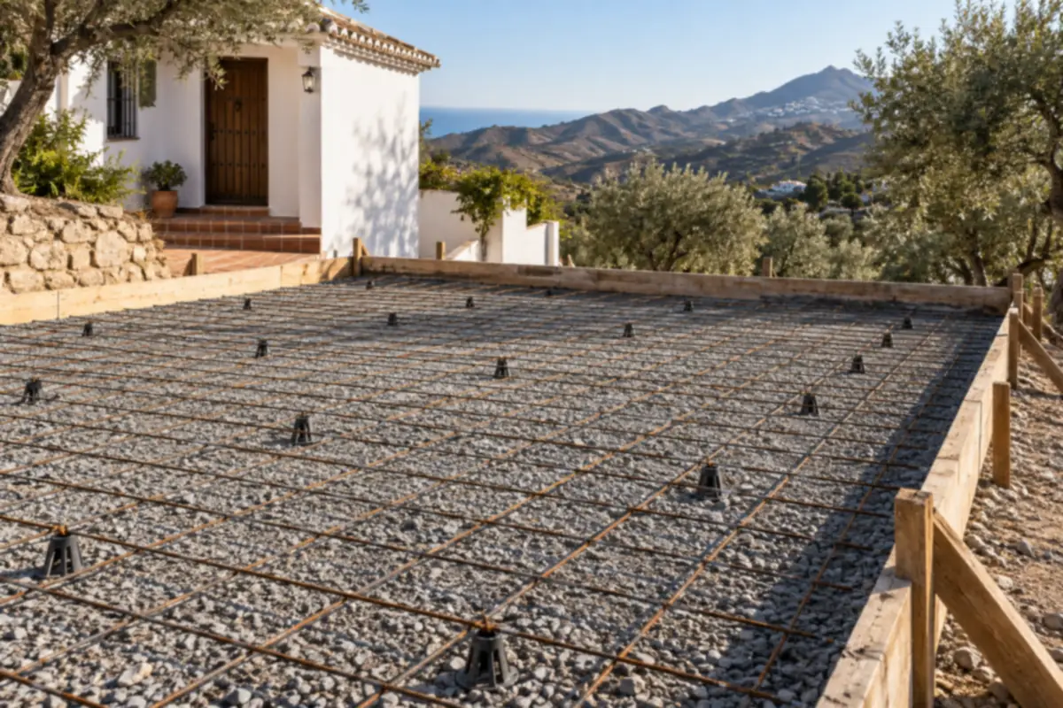 Base de zahorra compactada y preparada antes de hormigonar un patio de hormigón impreso en Málaga