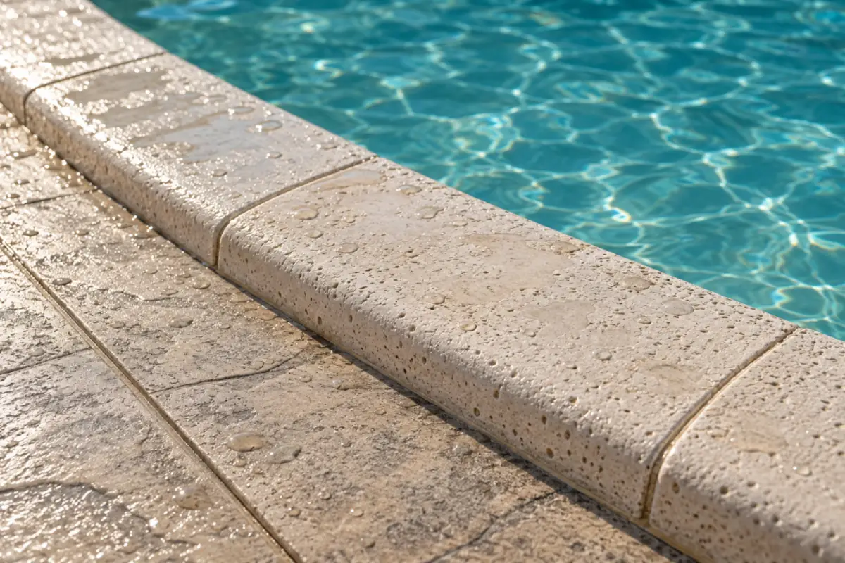 Borde de piscina con coronación de piedra y pavimento de hormigón impreso antideslizante