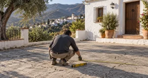 Técnico de empresa de hormigón impreso midiendo un patio para preparar el presupuesto en Málaga
