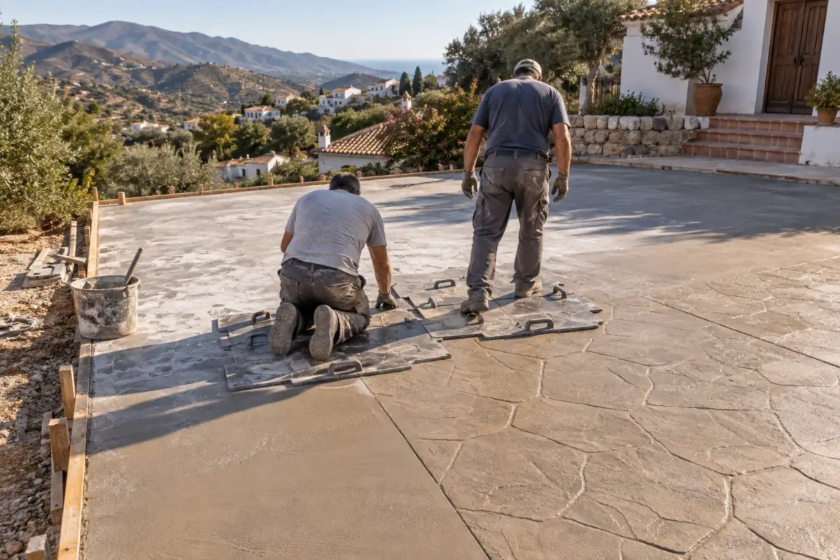 Operarios estampando el hormigón fresco con moldes de piedra en una obra de hormigón impreso