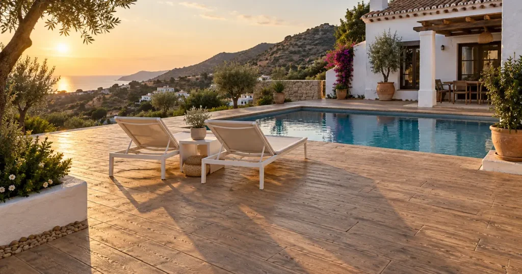 Terraza de piscina con hormigón impreso imitación madera y tumbonas al atardecer en Málaga