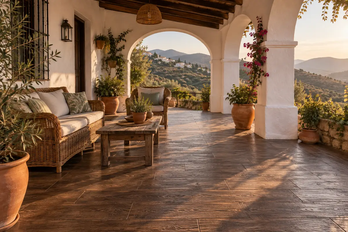 Porche de cortijo con suelo de hormigón impreso imitación madera y vistas a la montaña