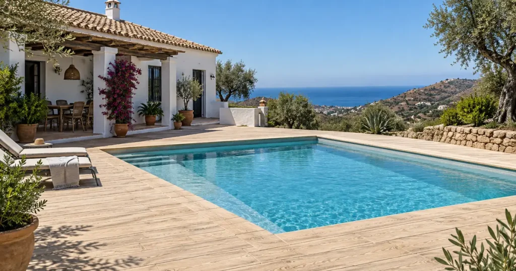 Piscina con playa de hormigón impreso imitación madera en tono claro y vistas al mar