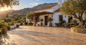 Pavimento de hormigón impreso imitación piedra en la entrada de un cortijo de la Axarquía, Málaga