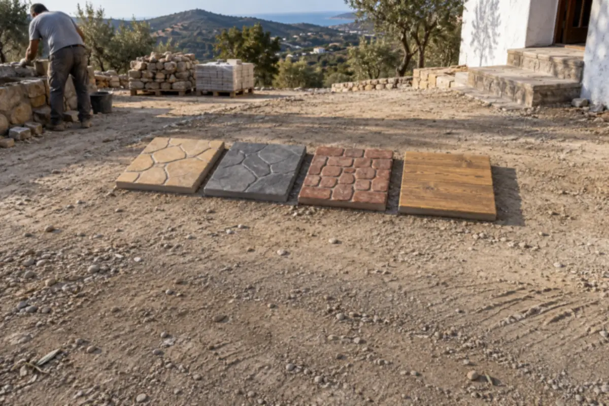 Muestras de distintos moldes y colores de hormigón impreso sobre el terreno de una obra